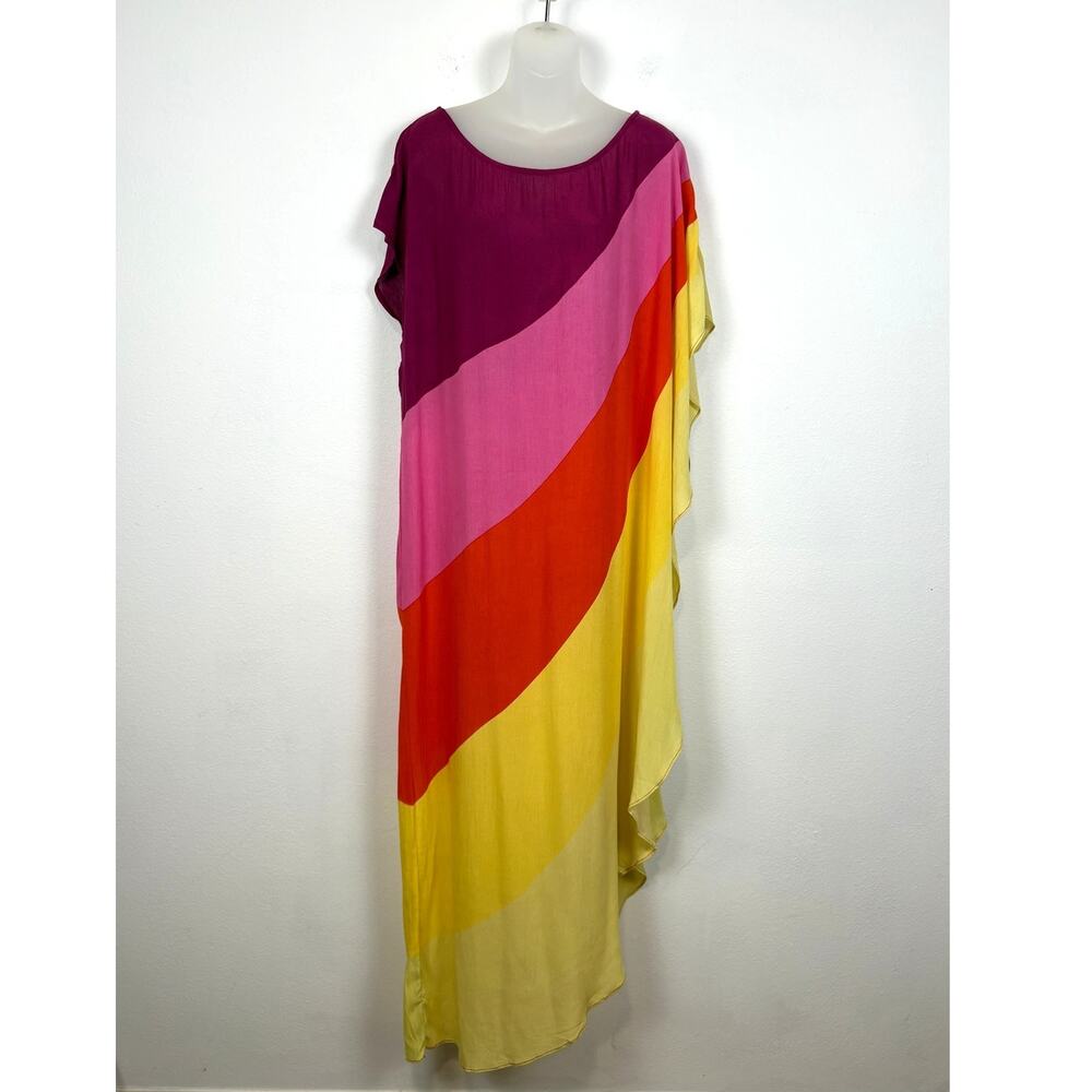 Free People Saachi NEON RAINBOW Striped Asymmetrical Rayon Top Maxi Kaftan Dress - Picture 5 of 10